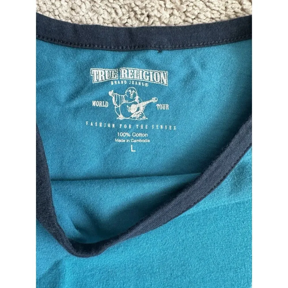 True Religion Brand Jeans Long Sleeve Ringer T-shirt Aqua & Navy Blue Large